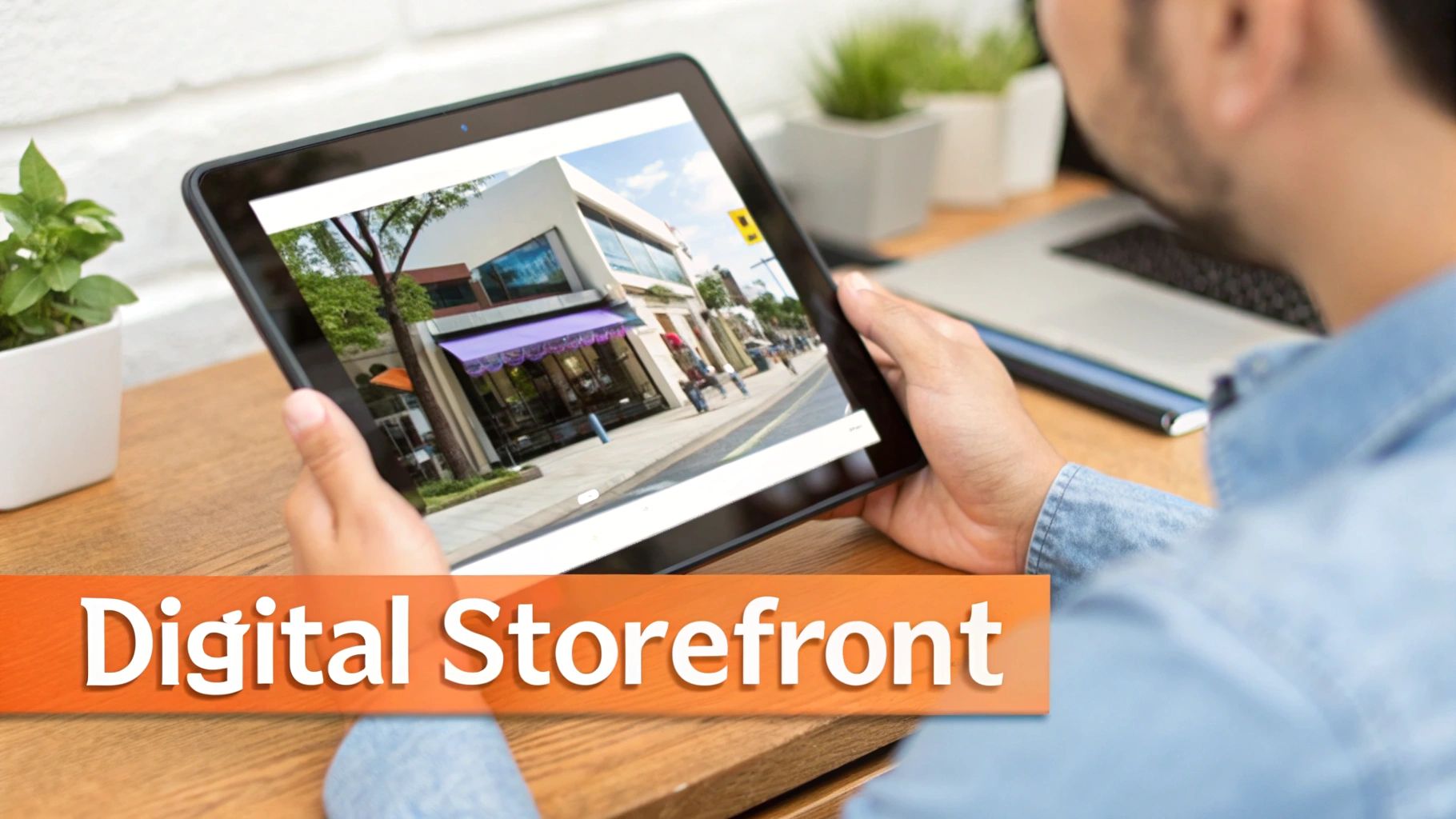 A person holds a tablet displaying a street view of a building with a purple awning, representing a digital storefront.