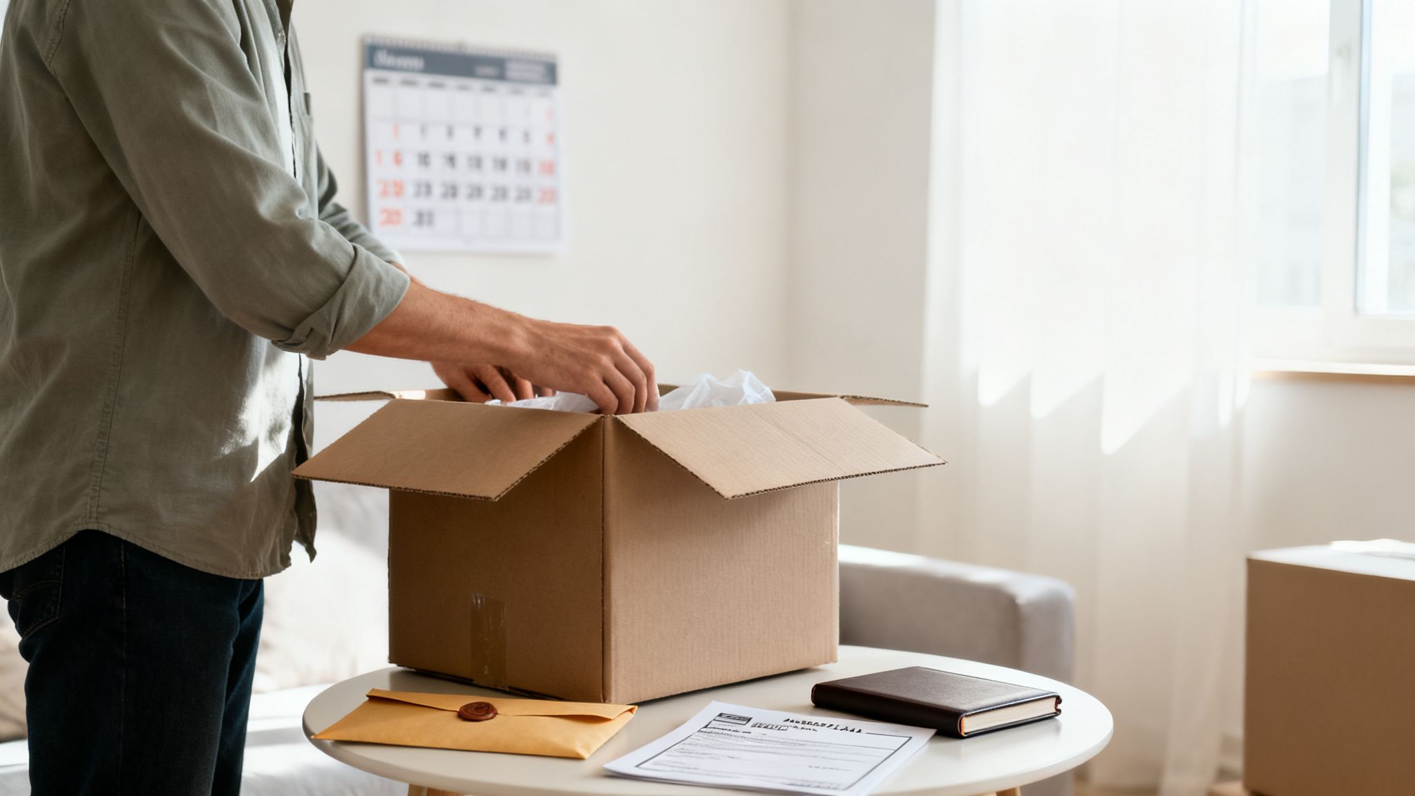 Mann packt einen Karton aus, auf einem Tisch liegen Dokumente und ein Notizbuch.