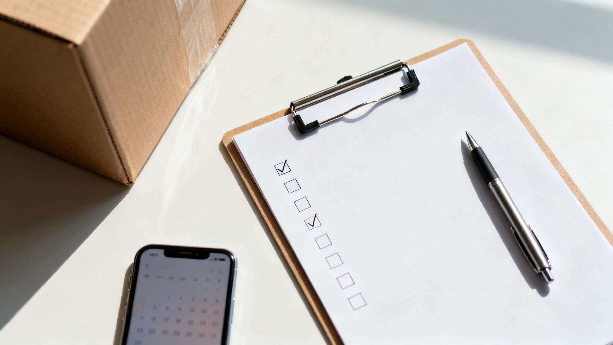 Ein Notizblock mit Checkliste, Stift, Smartphone und Kartonbox auf einem weißen Schreibtisch.