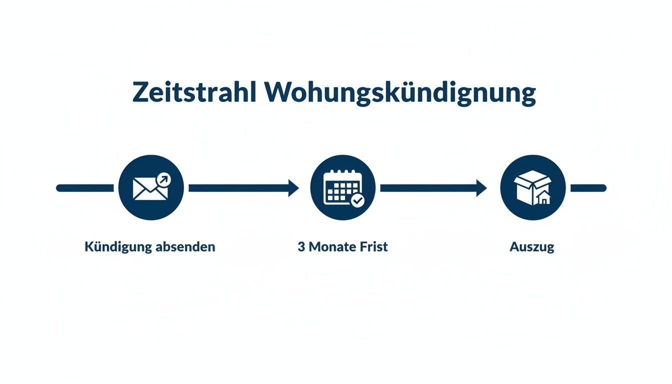 Zeitstrahl zur Wohnungskündigung: Kündigung absenden, 3 Monate Frist einhalten und Auszug planen.