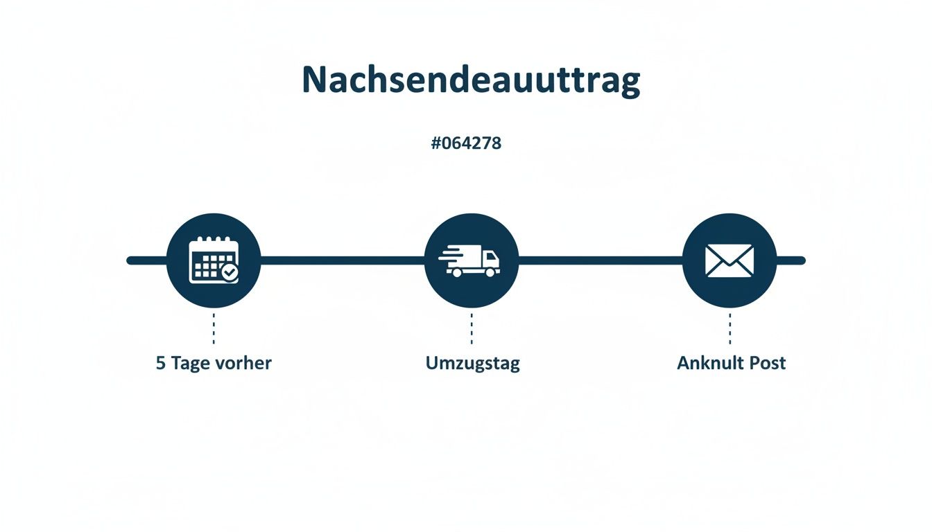 Timeline f&uuml;r einen Nachsendeauftrag mit Schritten vor dem Umzug, am Umzugstag und bei der Postzustellung.