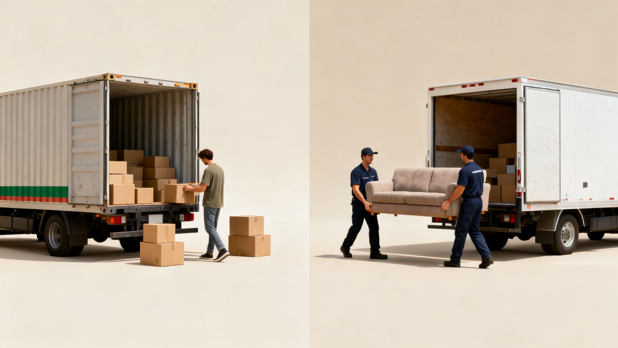 Zwei Szenen zeigen Umzug: Ein Mann lädt Kartons, während zwei Männer ein Sofa in Lastwagen tragen.