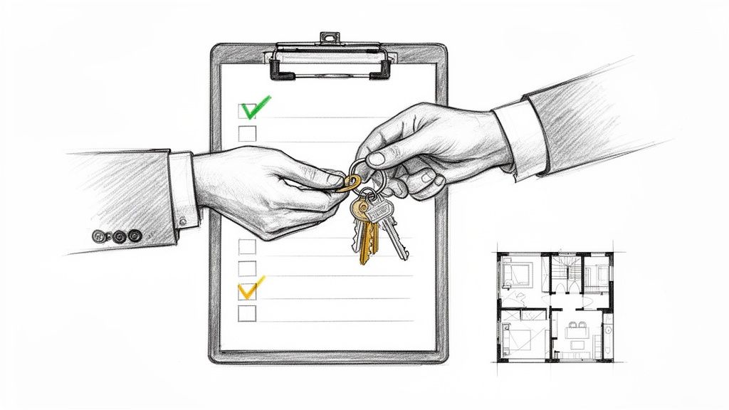 Symbolbild der Schlüsselübergabe beim Immobilienkauf mit Checkliste und Grundriss.