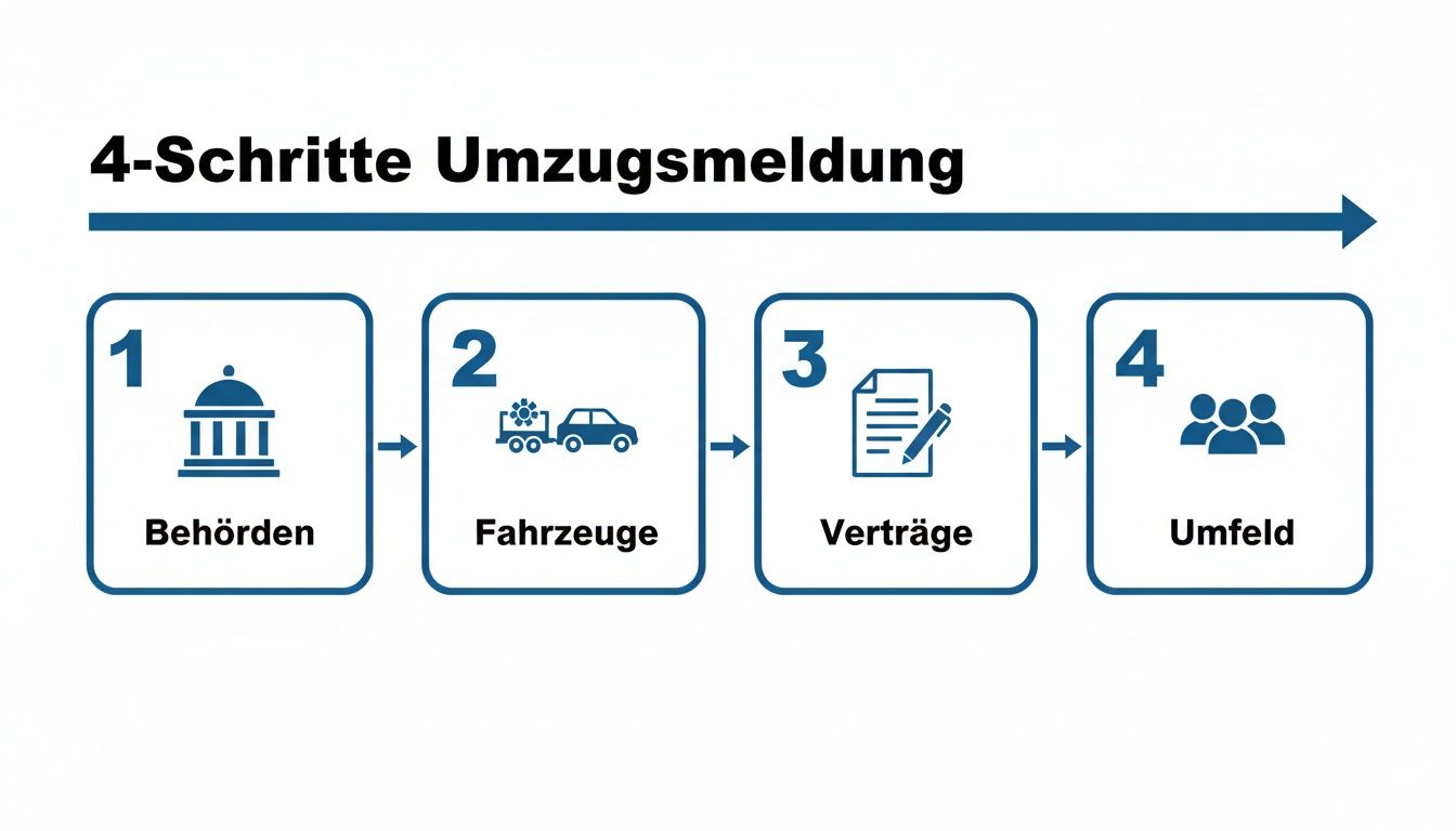 Infografik: 4 Schritte zur Umzugsmeldung. Zeigt Behörden, Fahrzeuge, Verträge und Umfeld als wichtige Stationen beim Umzug.