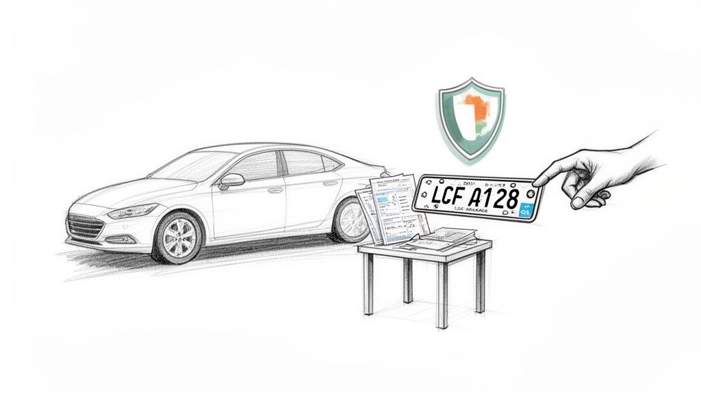 Skizze eines Autos mit Kennzeichen, Dokumenten und Wappen für Fahrzeuganmeldung.