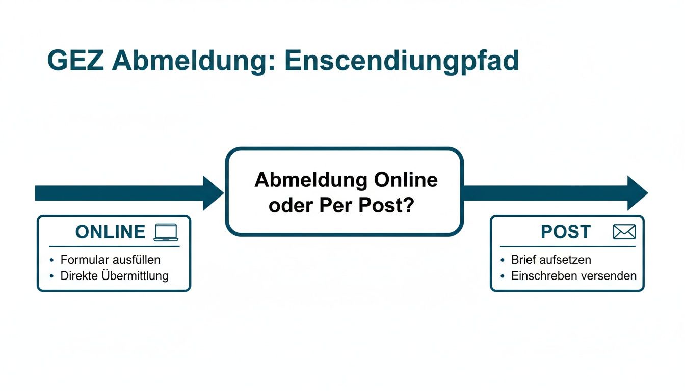 Flussdiagramm zur GEZ-Abmeldung, das die Optionen Online-Formular oder Postversand mit Einschreiben darstellt.