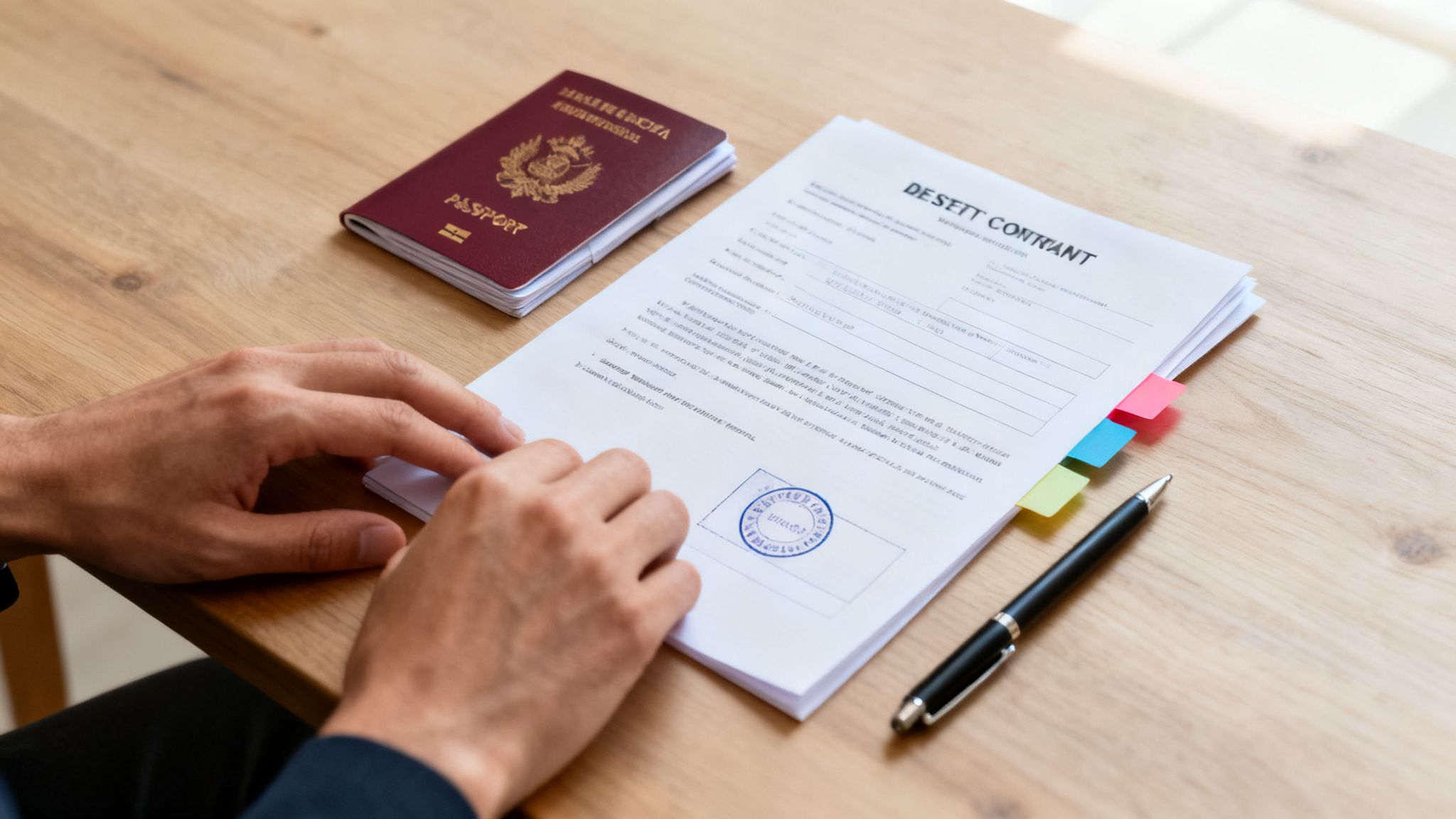 Hände einer Person auf einem Dokument mit Stempel, daneben ein Reisepass und Stift auf einem Holztisch.