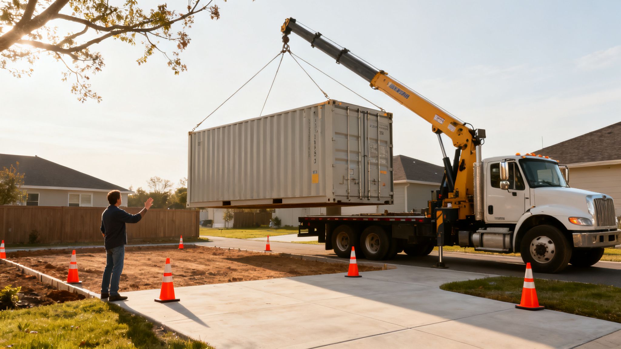 Ein Mann beobachtet einen Kranwagen, der einen großen Seecontainer auf einer Baustelle in einem Wohngebiet hebt.