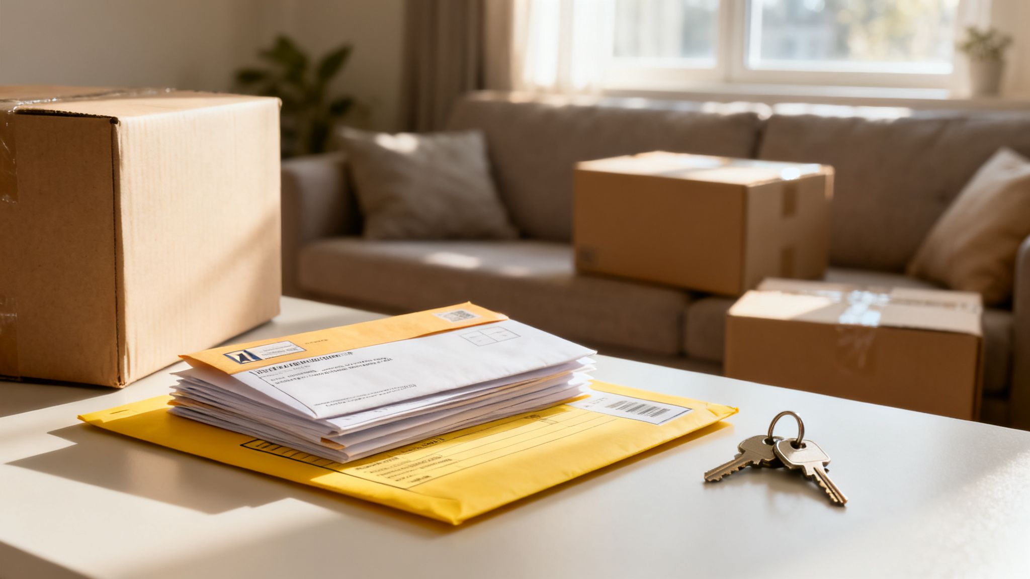 Ein sonniger Raum mit Umzugskartons, einem Stapel Briefe und Schlüsseln auf einem Tisch, deutet auf einen Umzug hin.