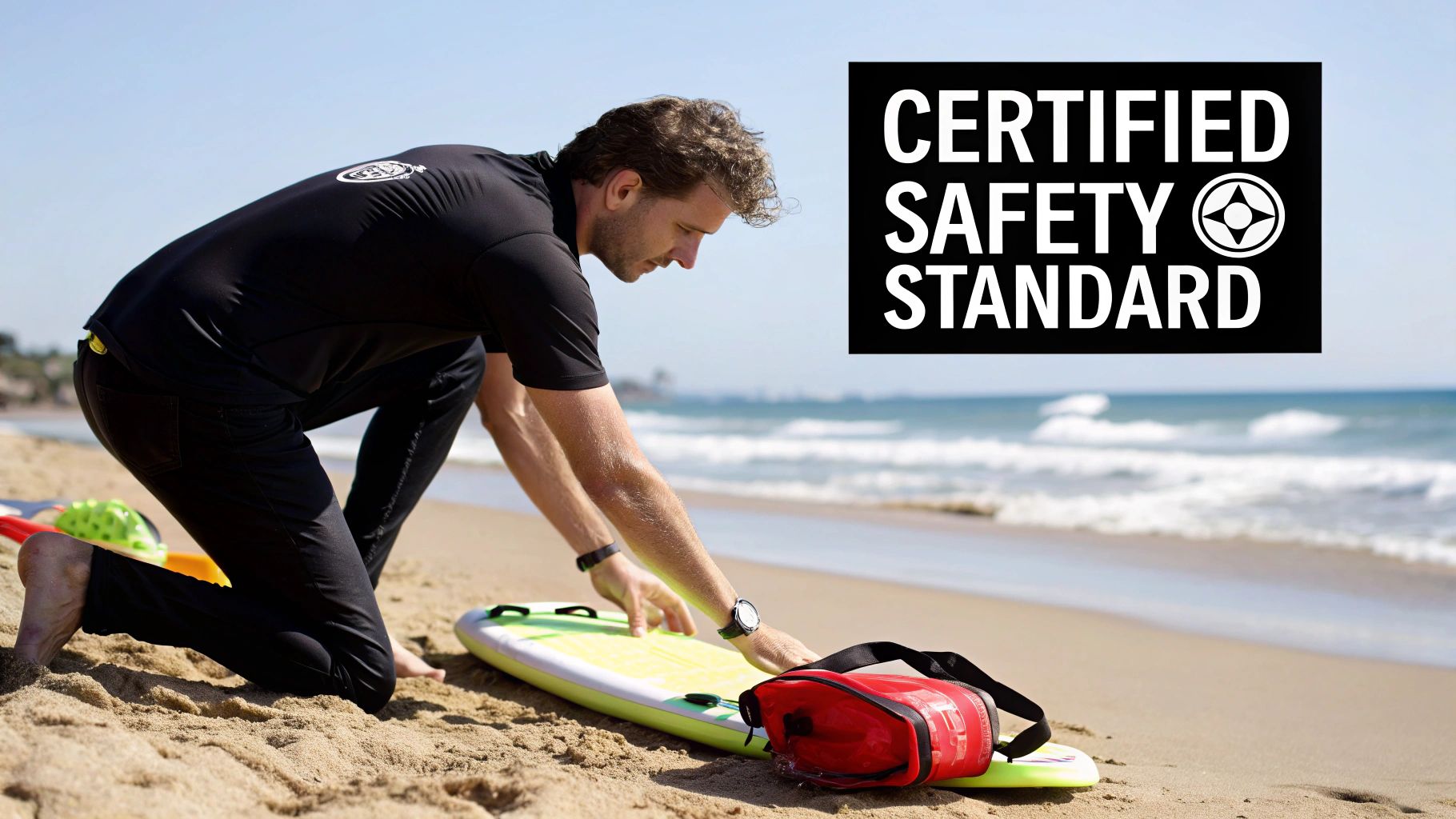 A Guide to the National Institute of Watersports 3 A team of lifeguards practicing a rescue drill on a sunny beach.