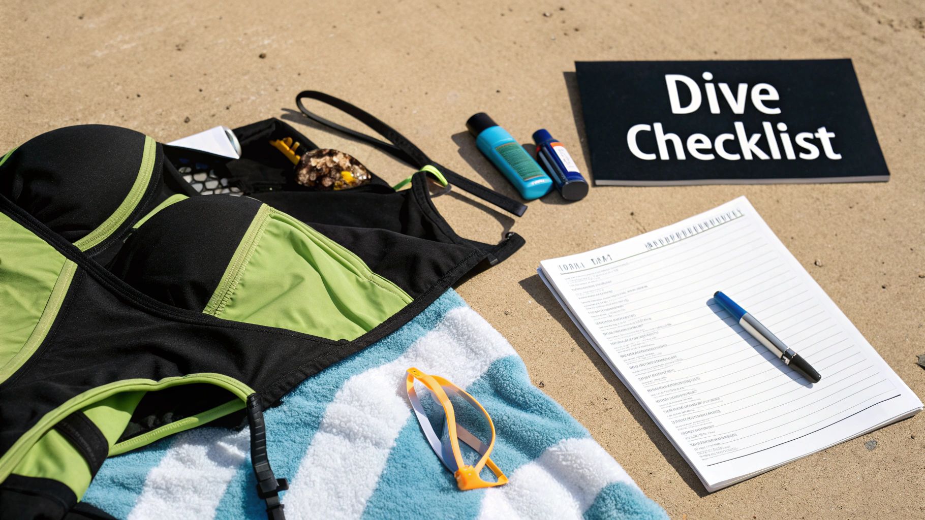 Tarkarli Scuba Diving Packages Your Ultimate Guide 4 Scuba diving equipment checklist with vest, towel, mask and clipboard on sandy surface