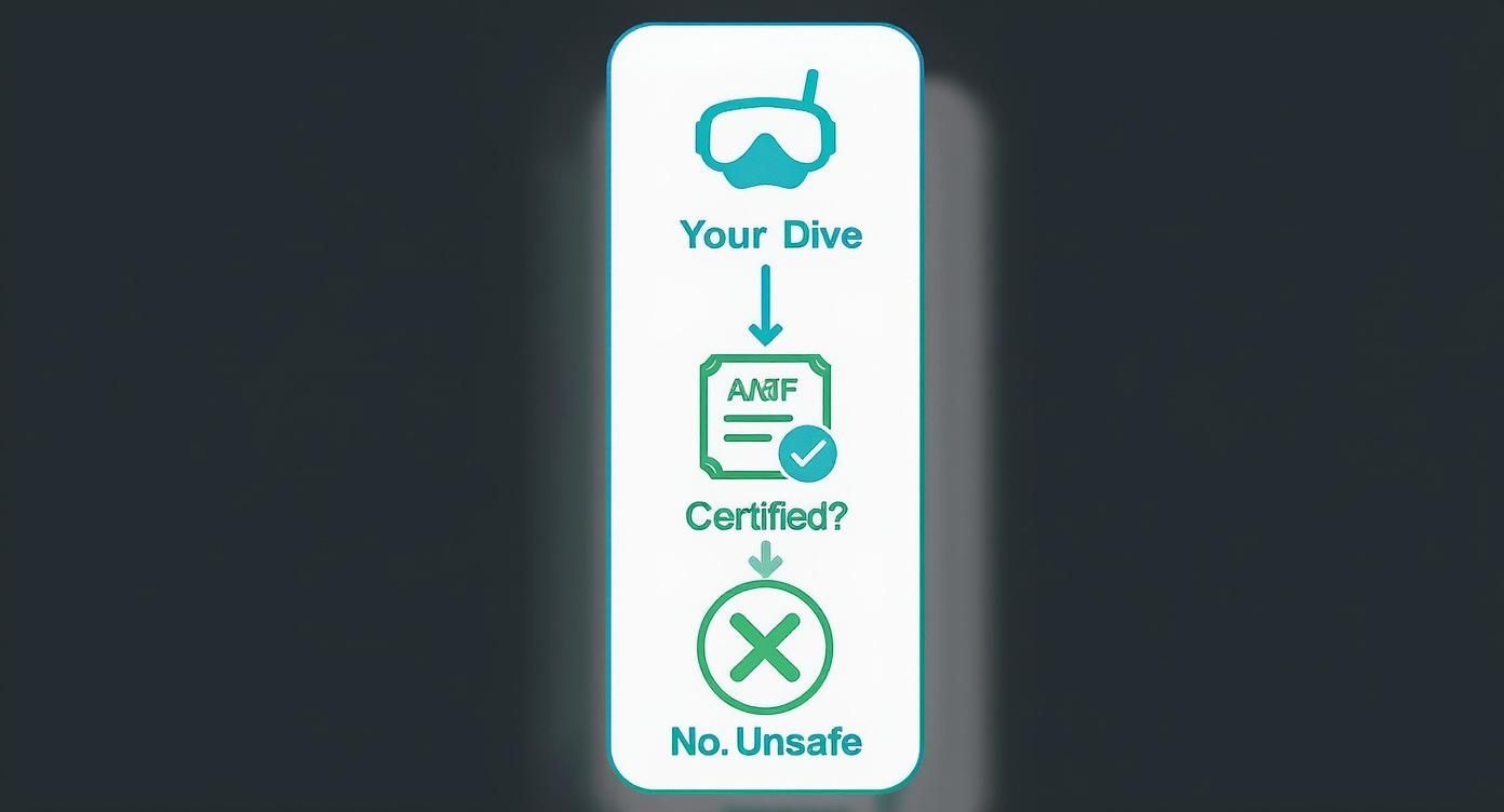 Tarkarli Scuba Diving Packages Your Ultimate Guide 3 Infographic showing dive safety certification check workflow with snorkel mask and warning symbols