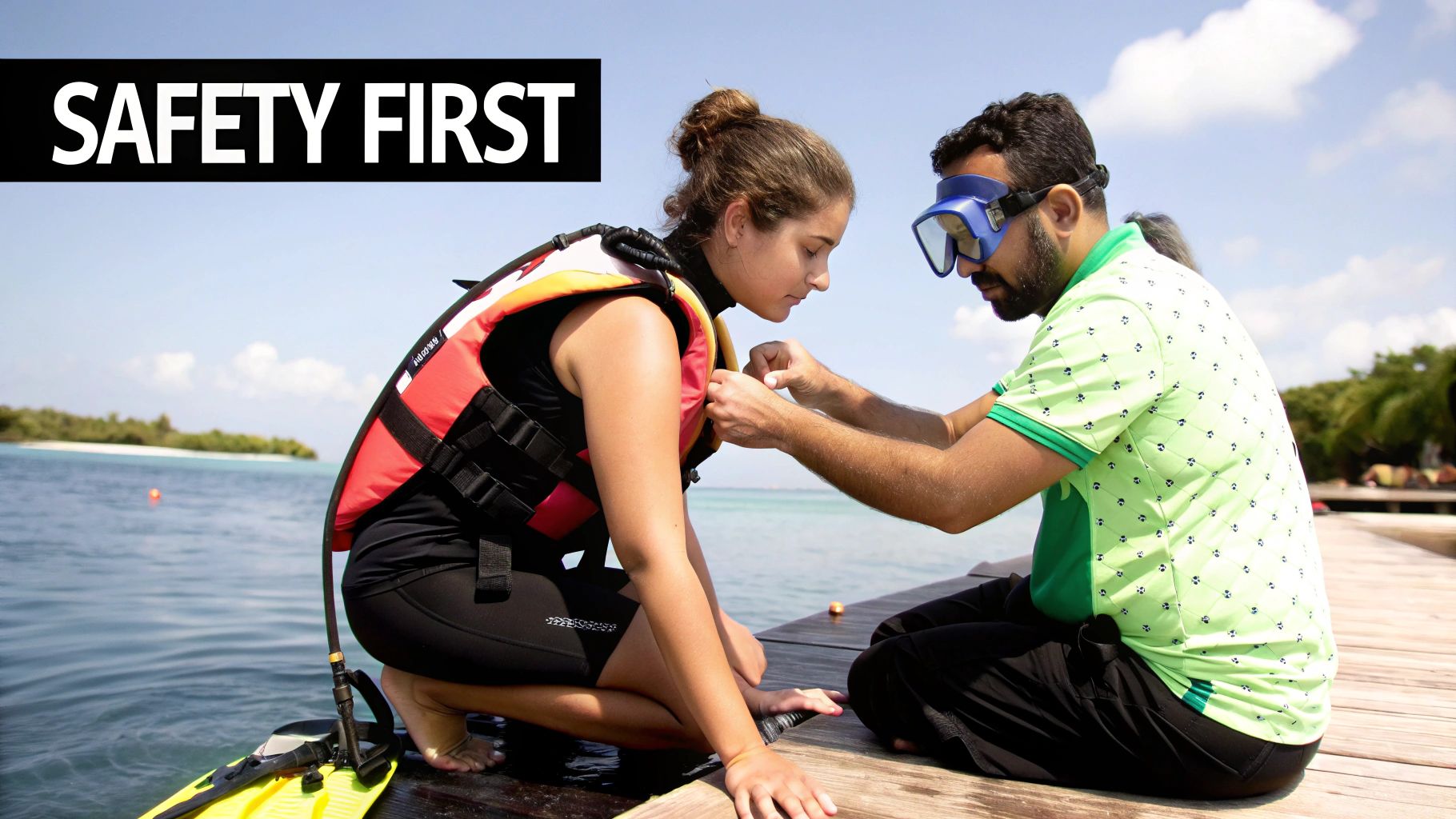 Your Guide to Malvan Tarkarli Watersports 3 A person wearing a life jacket and helmet prepares for watersports.