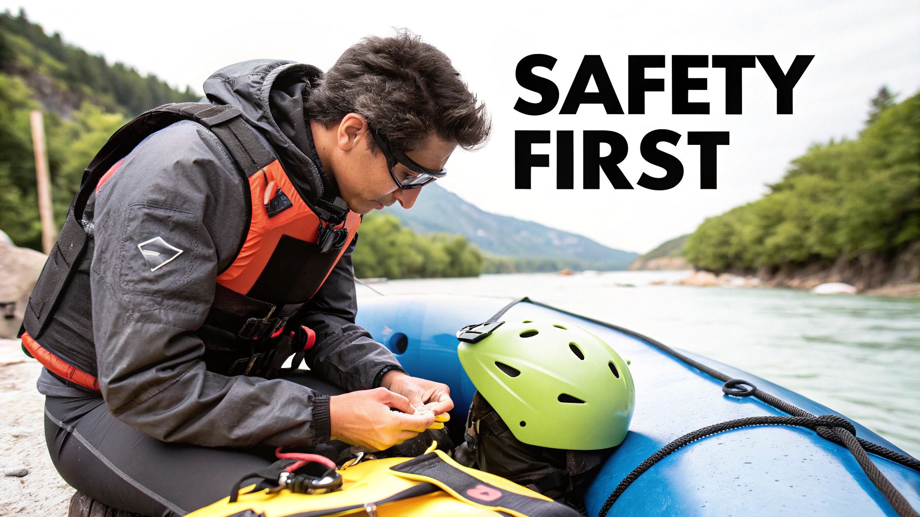 Your Ultimate Guide: adventure trip in rishikesh 3 People in life jackets getting ready for rafting on the Ganges river