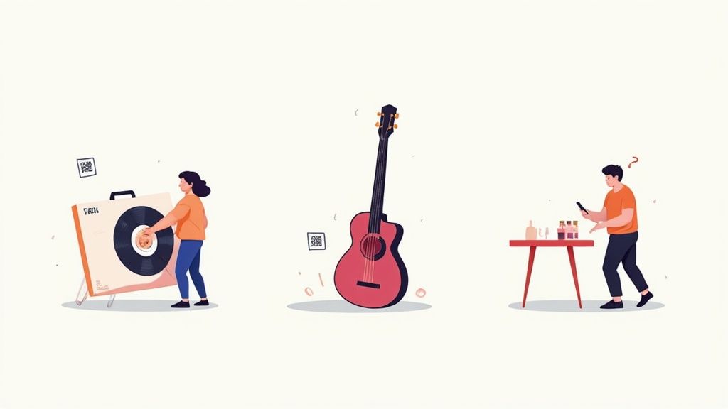 A musician's merch table with a QR code displayed for fans to scan.