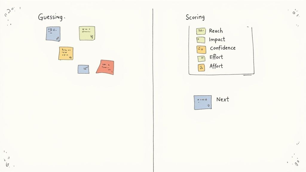 A product team collaborating on a glass wall with sticky notes, illustrating the process of roadmap prioritization.