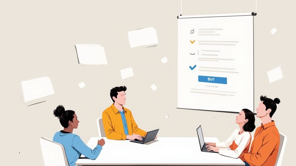 Four diverse professionals collaborating in a meeting, using laptops and viewing a checklist presentation.