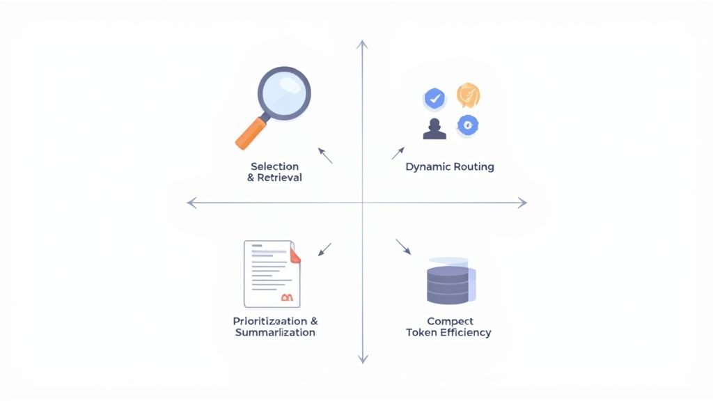 A four-quadrant diagram illustrating key components of an AI system for information processing.