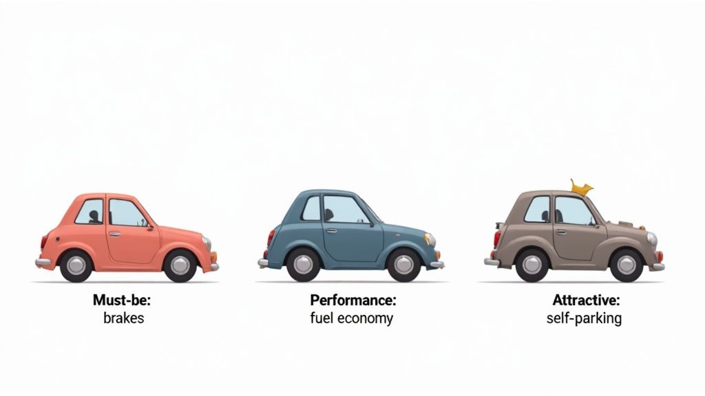 A diagram illustrating the Kano model’s feature categories and their impact on customer satisfaction