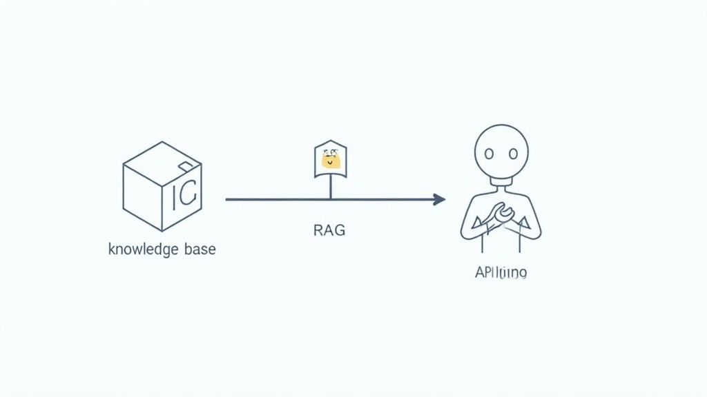 Diagram showing different AI architectural patterns like RAG and agent-based systems.