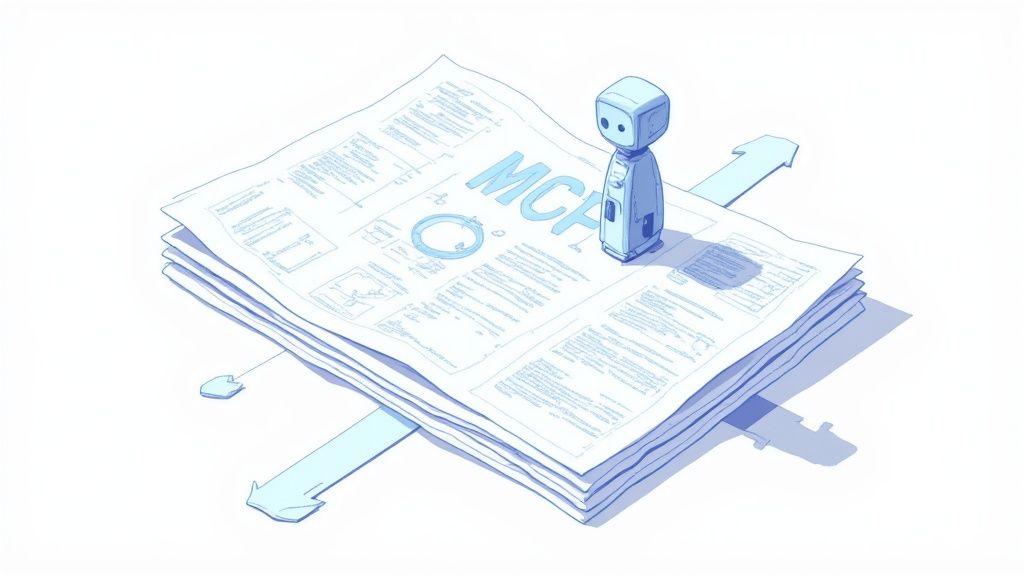 An abstract visual of a developer’s idea being translated through a structured process to an AI, resulting in clean code.