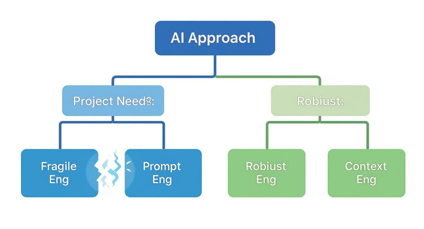 Infographic decision tree showing how project needs determine whether to use prompt engineering for fragile, one-off tasks or context engineering for robust, scalable systems.