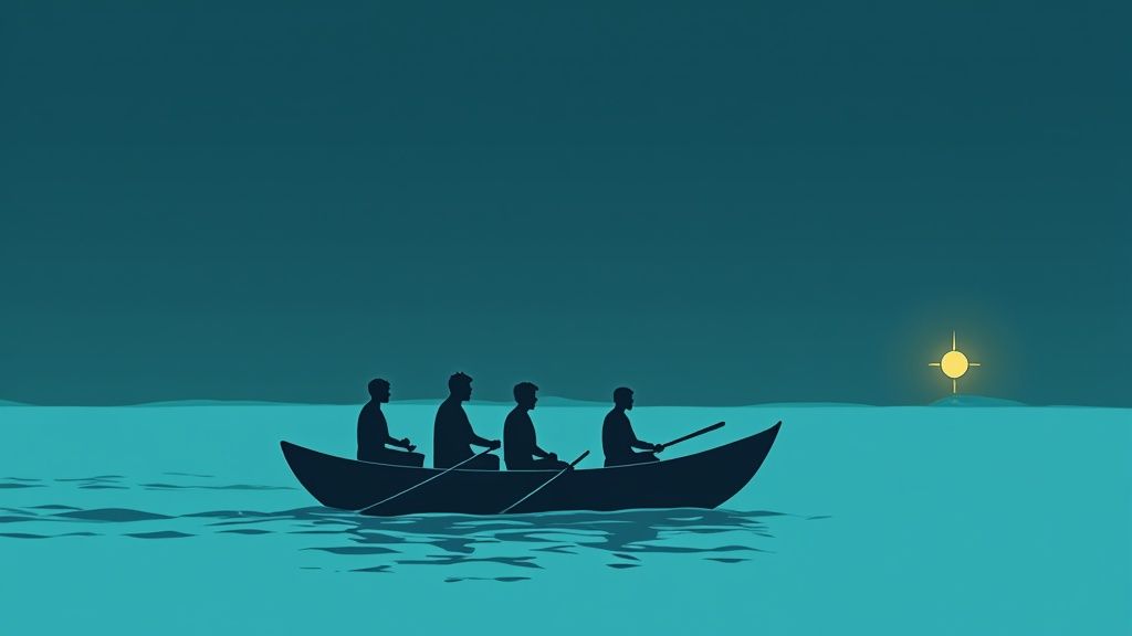 Engineers collaborating around a computer, discussing the North Star Framework.