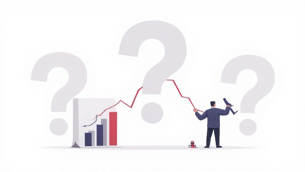 A team collaborating around a whiteboard, pointing at charts and graphs, representing a data-driven approach to development.