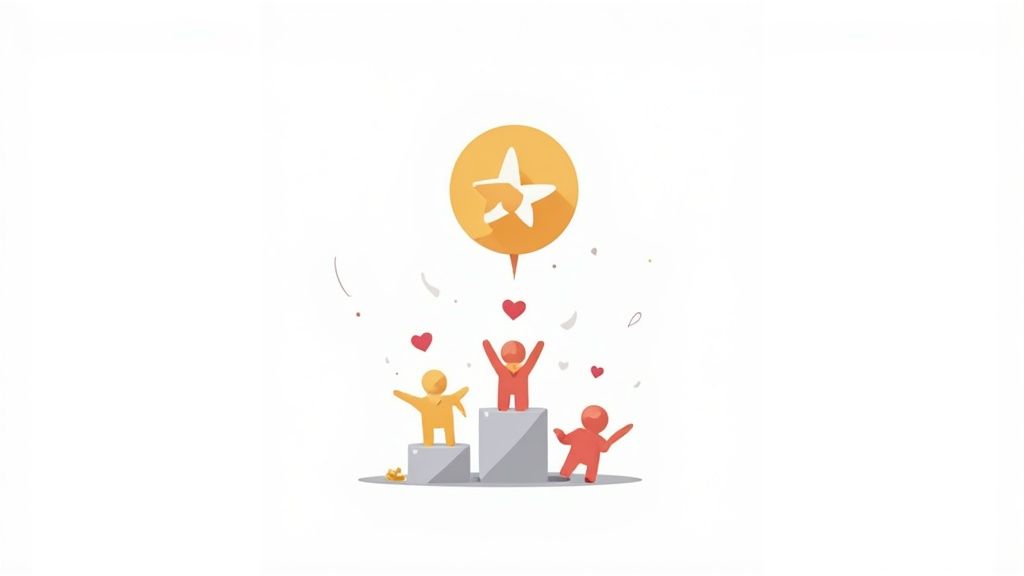 Three stylized figures celebrate on a winners’ podium under a star, representing success and achievement.