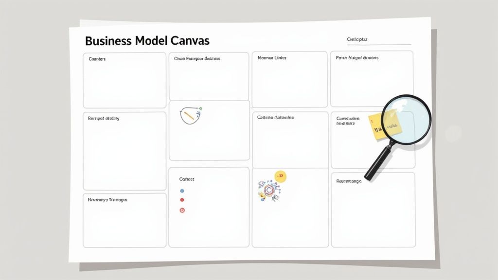A team collaborating on a Business Model Canvas on a whiteboard