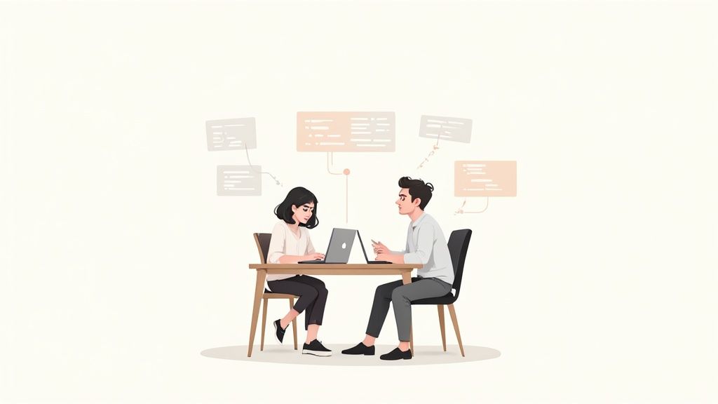 A developer working with an AI assistant on a futuristic computer interface