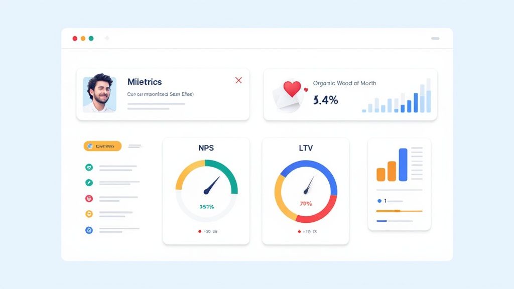 A dashboard showing various business metrics like user growth and retention