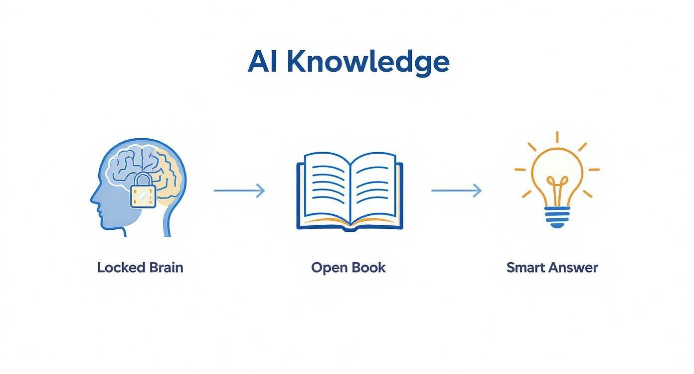 Diagram showing AI Knowledge transforming a locked brain into an open book, resulting in a smart answer lightbulb.