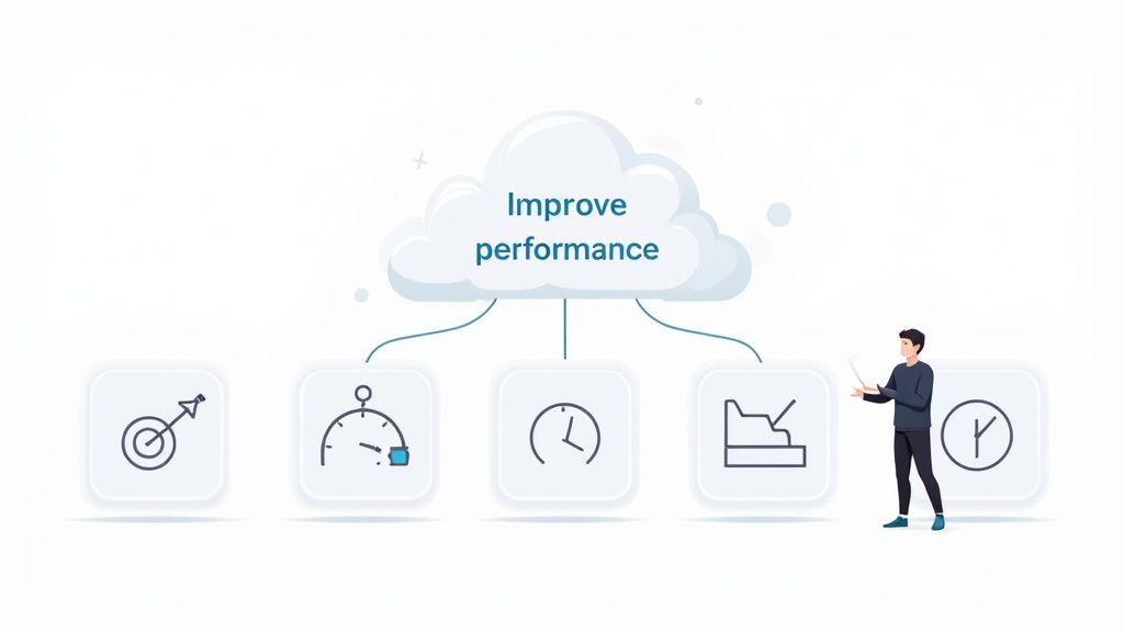 A team collaborating around a whiteboard with sticky notes, illustrating the planning process of the SMART goals framework.