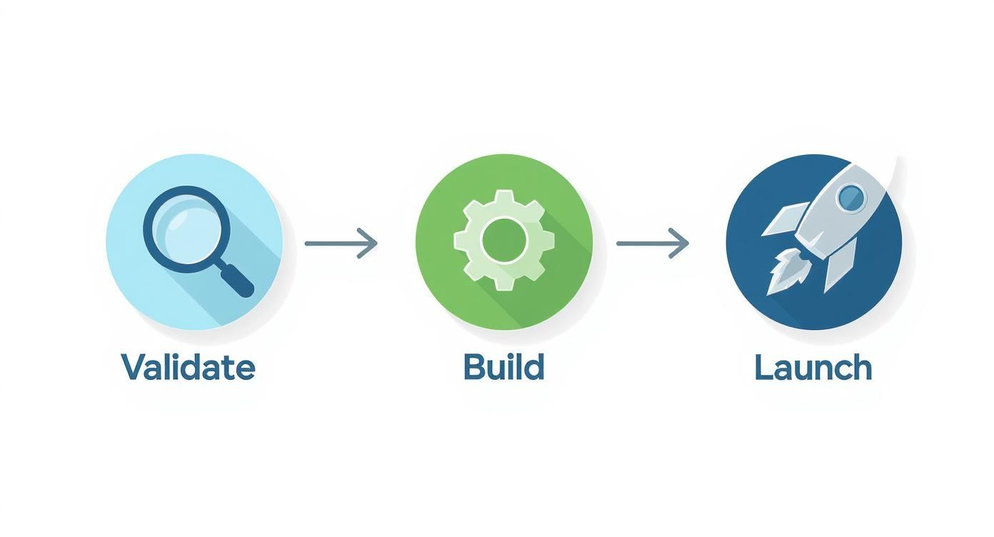 Diagram illustrating the steps to take an idea to market: Validate, Build, Launch.
