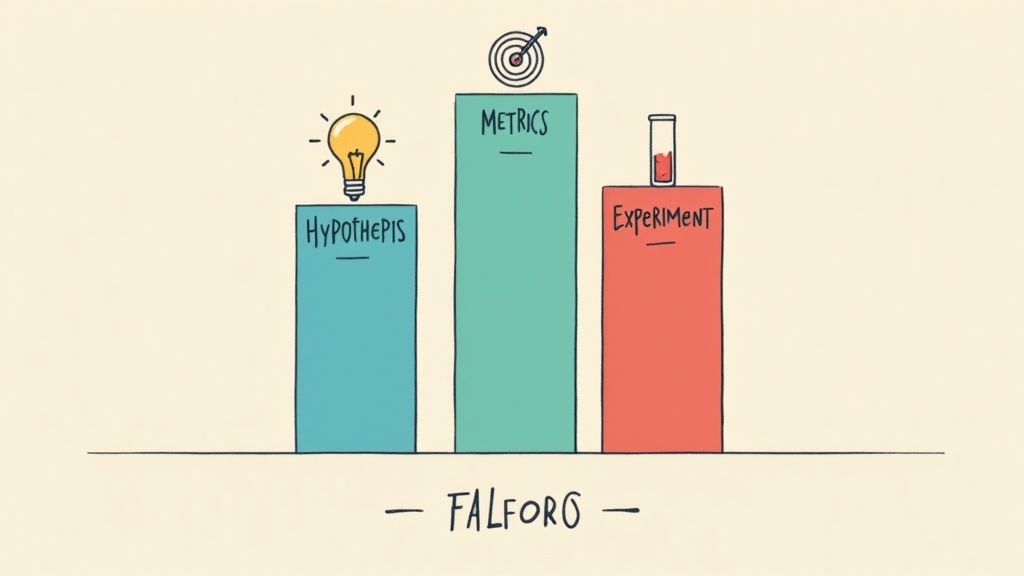 A person placing sticky notes on a glass wall, illustrating the process of forming and organizing ideas into testable hypotheses.