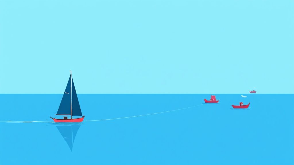 A minimalist illustration of a sailboat towing small red boats across a calm blue ocean.