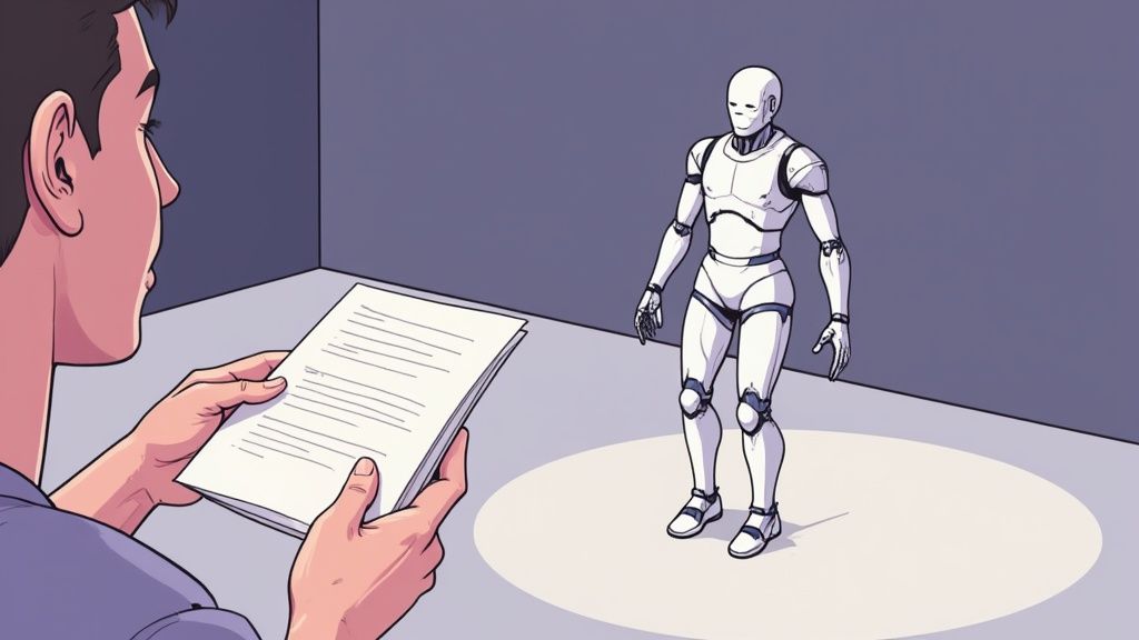 A person sitting at a desk and interacting with an AI through a computer screen