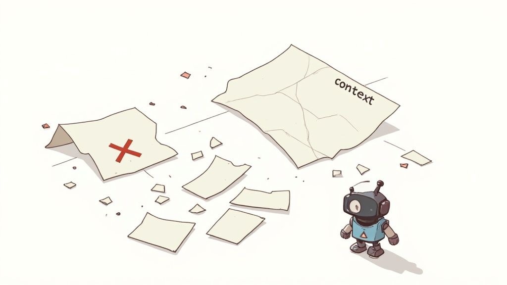 Small robot standing near scattered papers with red X mark and document labeled context