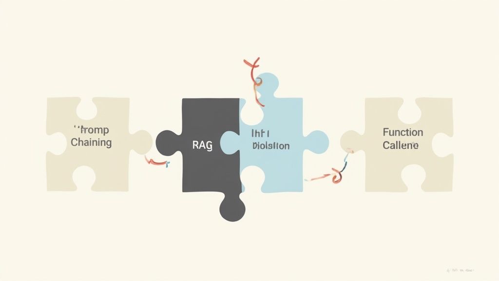 A flowchart showing different context engineering techniques like RAG, function calling, and prompt chaining connecting to an AI model to produce a refined output.