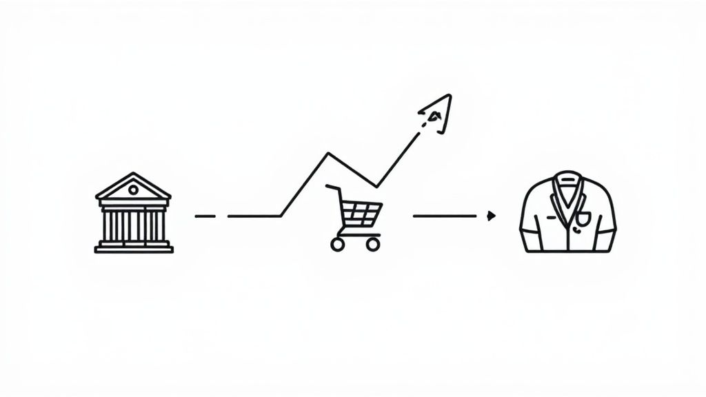 A graph showing business growth with icons representing finance, e-commerce, and healthcare, illustrating the ROI of AI.