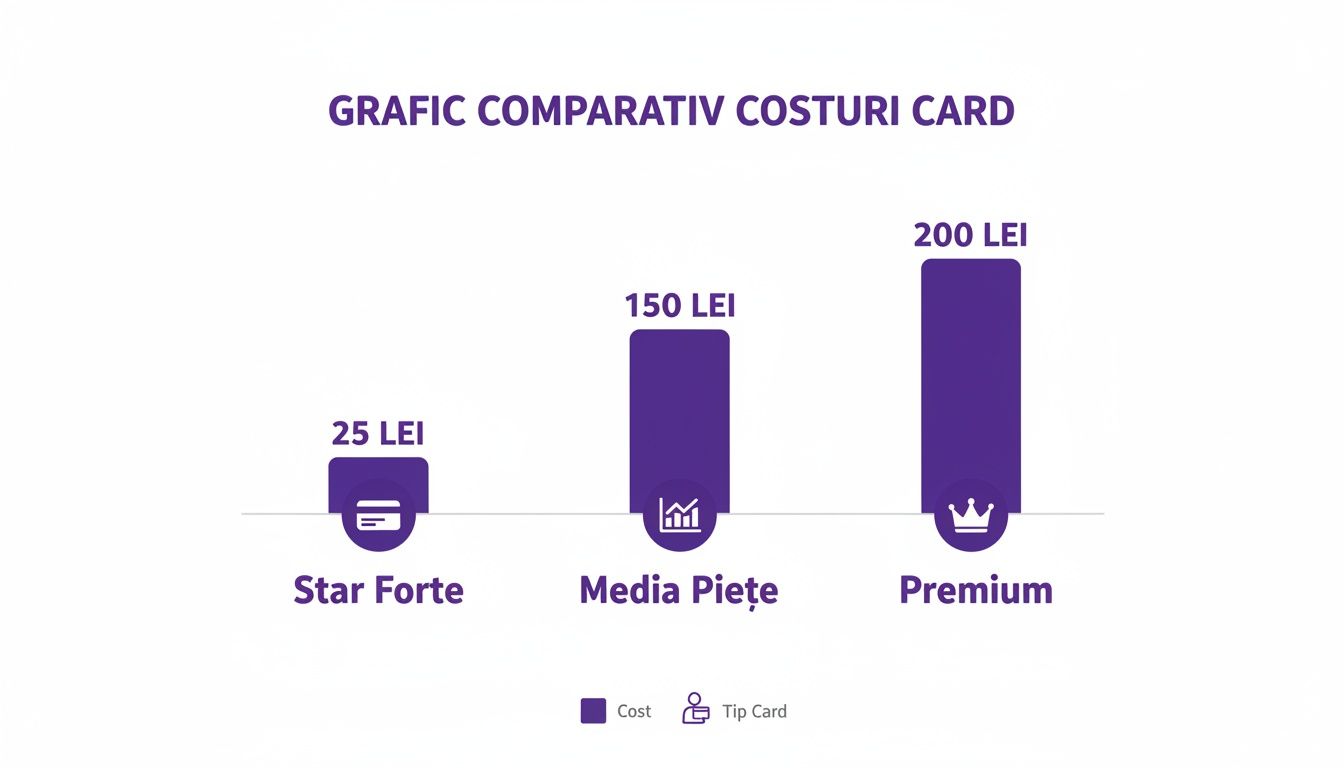 Grafic comparativ al costurilor anuale pentru carduri: Star Forte (25 LEI), Media Piațe (150 LEI) și Premium (200 LEI).