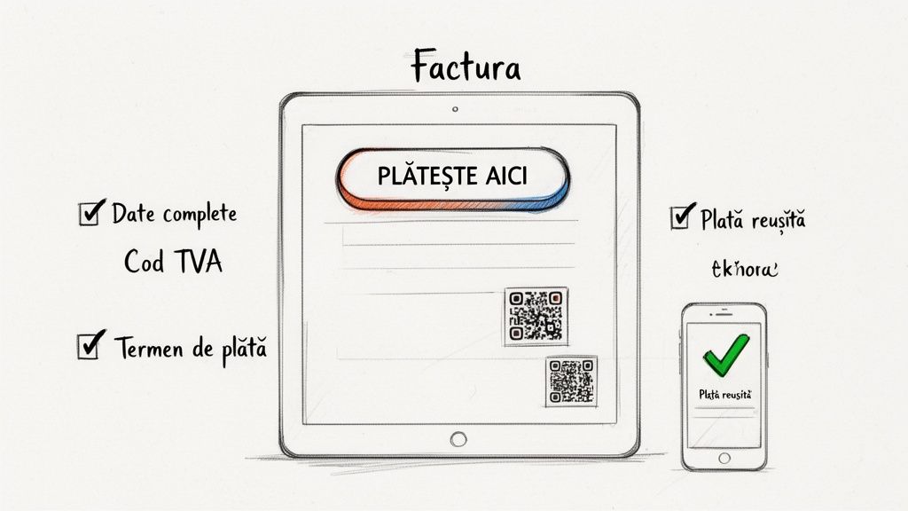 O imagine desenată care prezintă o factură digitală pe tabletă, cu opțiuni de plată și confirmare pe telefon.