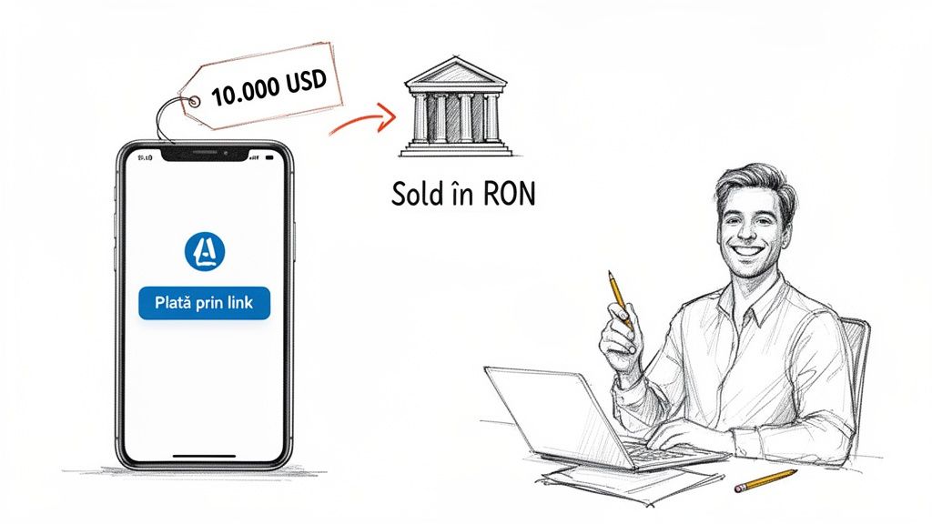 O imagine care ilustrează o plată de 10.000 USD prin telefon, convertită în sold RON într-o bancă, și un bărbat zâmbitor la laptop.