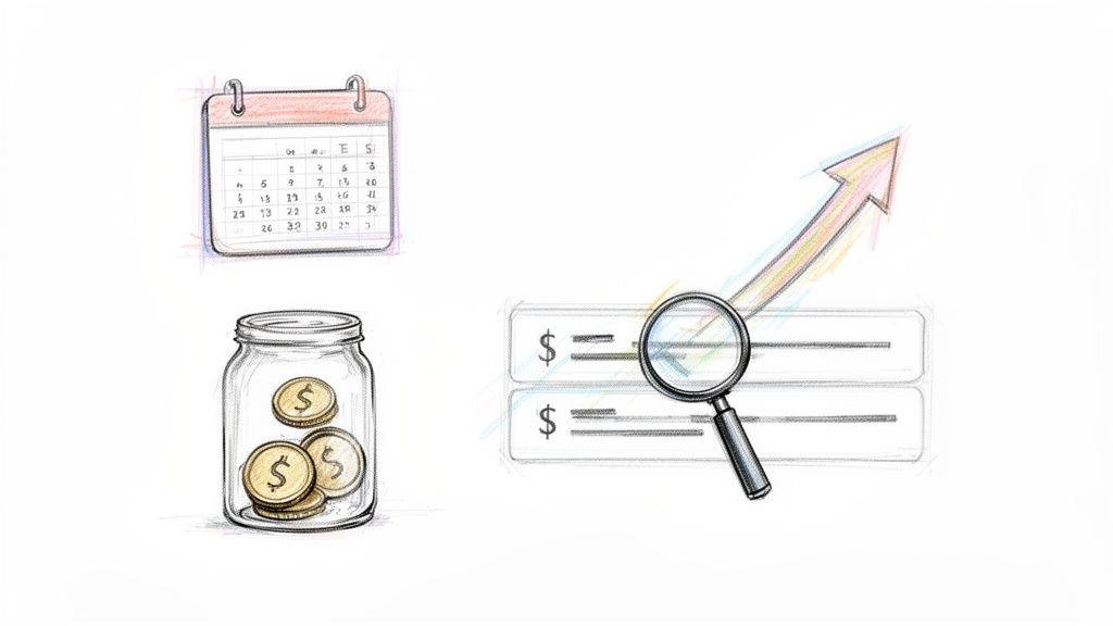 Ilustrație cu elemente de planificare financiară: calendar, borcan cu monede, grafic și lupă de analiză.