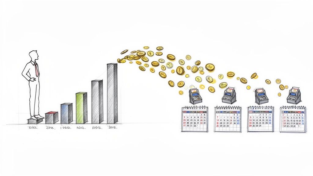 Un bărbat lângă un grafic de creștere, cu monede curgând spre case de marcat și calendare, simbolizând profit și timp.