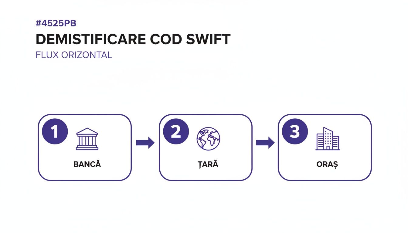 Diagramă orizontală care demistifică codul SWIFT, arătând pașii: bancă, țară și oraș cu pictograme relevante.
