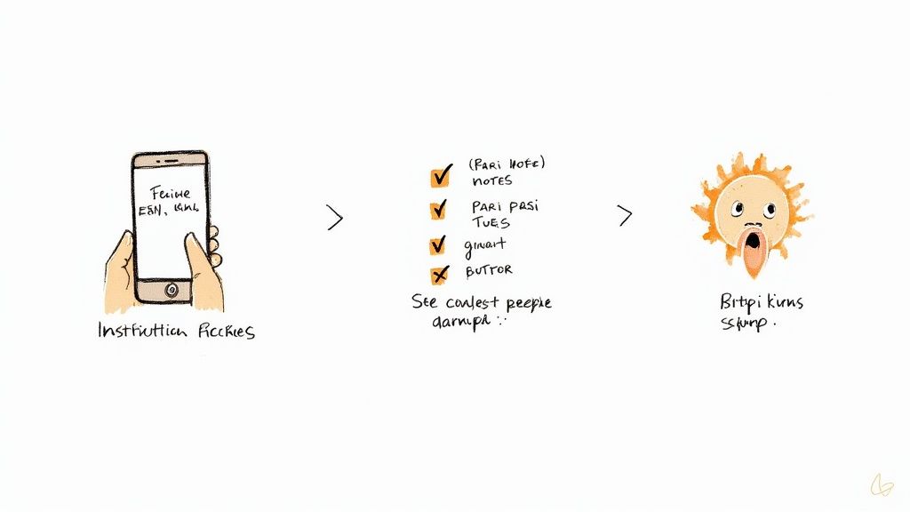 O ilustrație a unui telefon cu text, o listă cu bifări și o figurină solară surprinsă, într-un flux de proces.