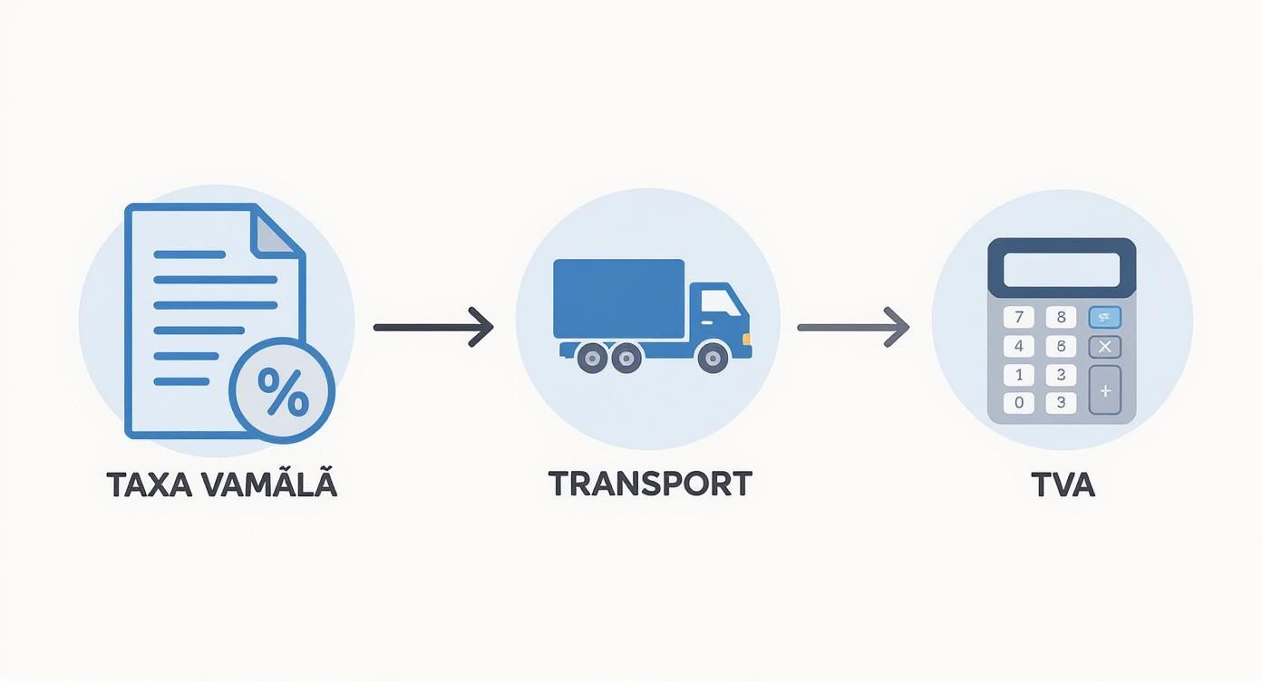 Diagramă explicativă a procesului de calcul pentru taxe vamale, transport și TVA.
