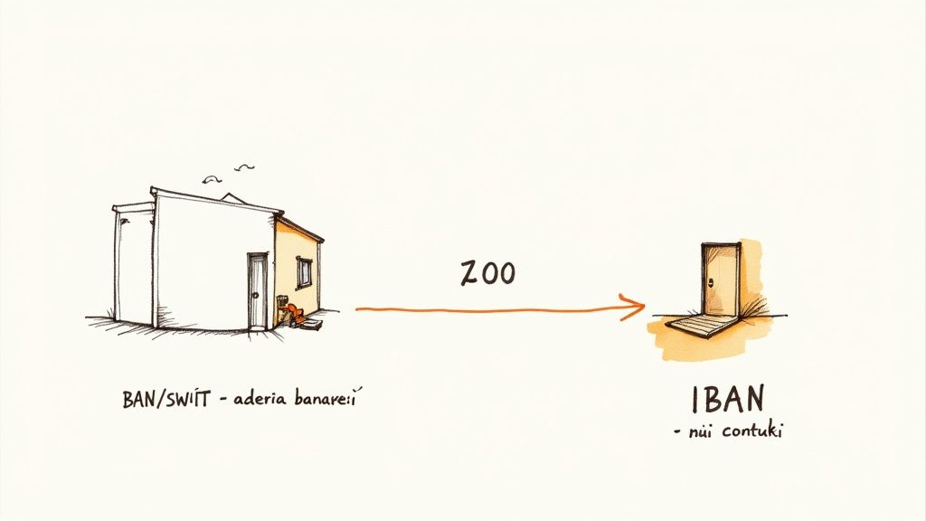 Ilustrație simplificată a unui transfer bancar, arătând o casă (BAN/SWIFT) și o ușă (IBAN).